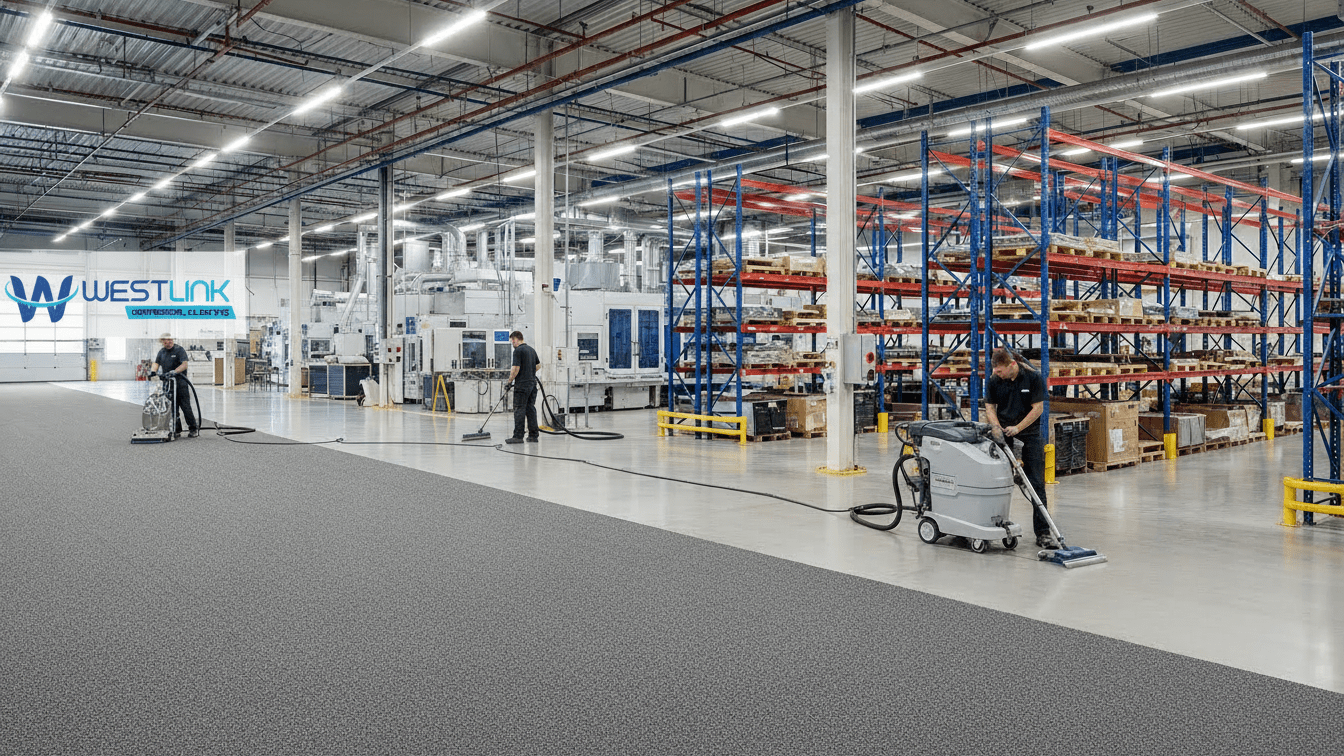 Industrial carpet being cleaned using the most effective commercial methods.