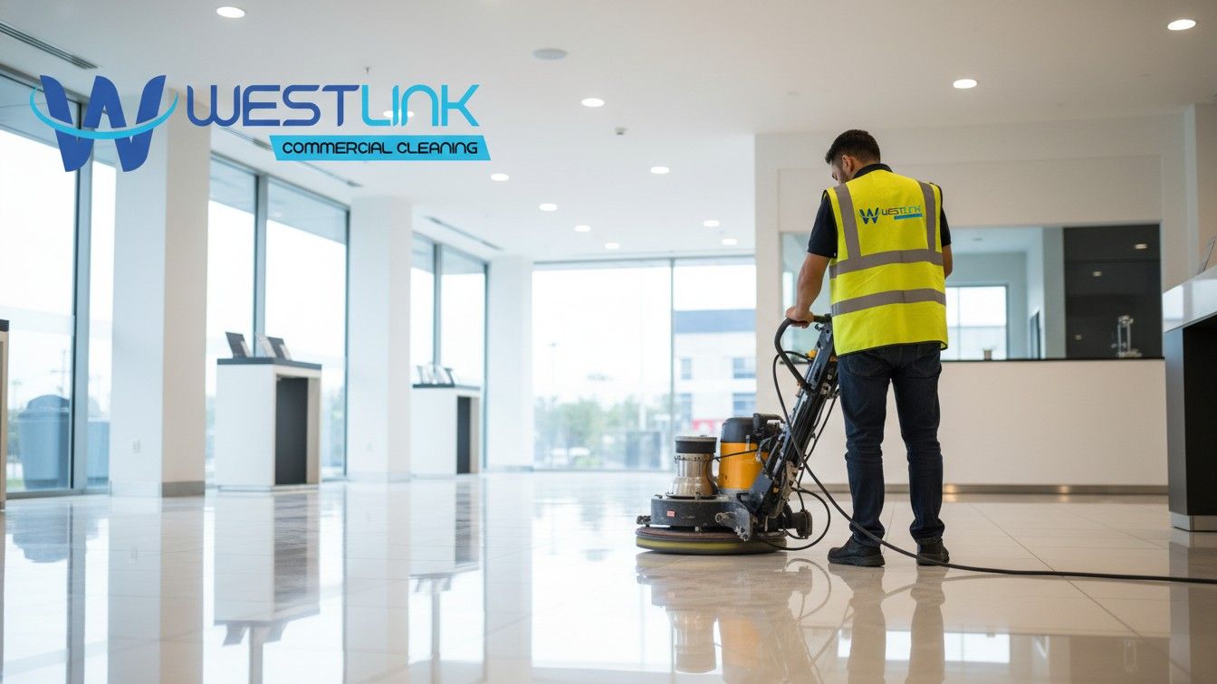 Electric floor buffer cleaning and polishing a commercial laminated floor to a glossy finish
