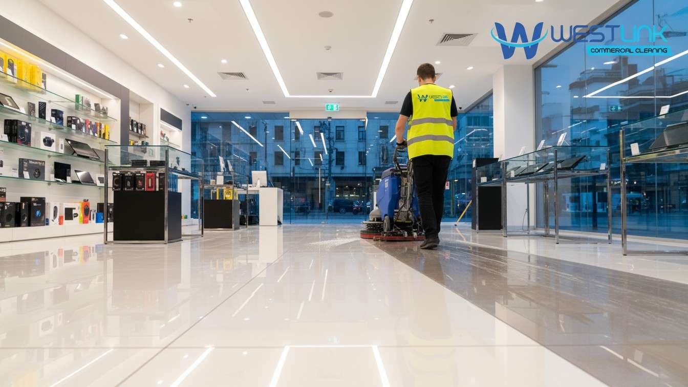 Professional machine scrubbing on glossy showroom floors with cleaning equipment.