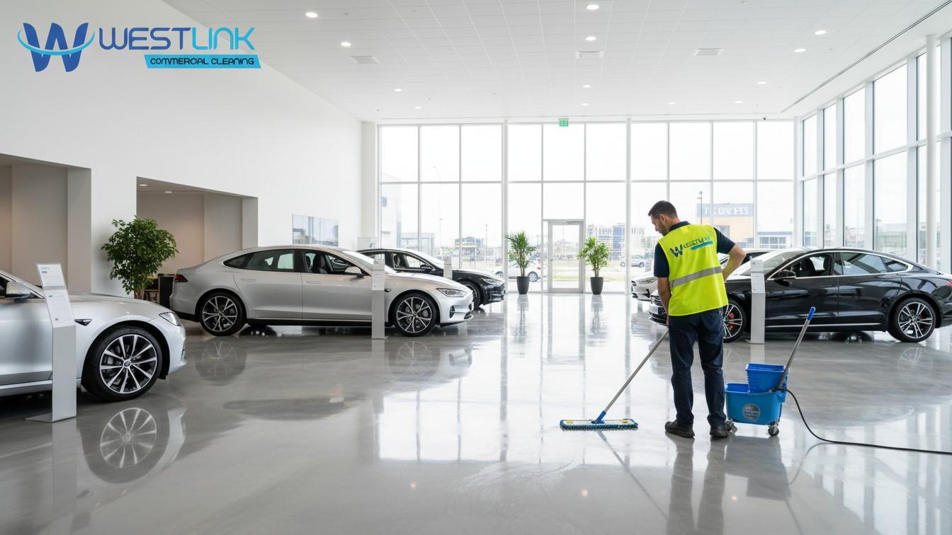 Cleaner performing wet mopping on a showroom floor with microfiber tools.