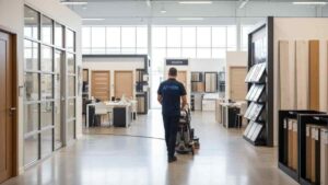 Clean building and trade showroom with dust-free displays and organized sample boards