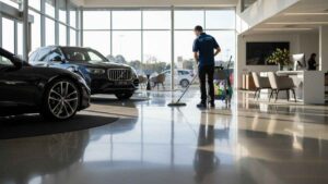 Commercial cleaners polishing car dealership showroom floors