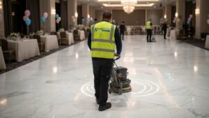 Professional cleaning for charity events including auction areas, dining spaces, and guest zones