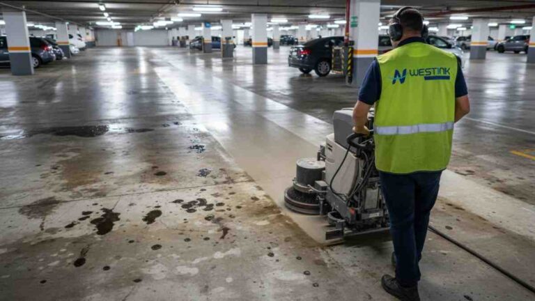 Commercial car park concrete cleaning to remove oil stains, tyre marks, and grime