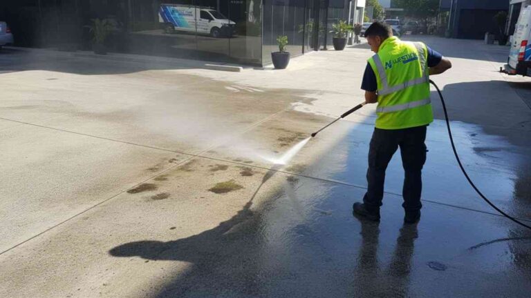 Commercial driveway concrete cleaning to remove stains, mould, and dirt