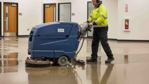 Commercial floor cleaning machine polishing laminated floors to a high-gloss finish