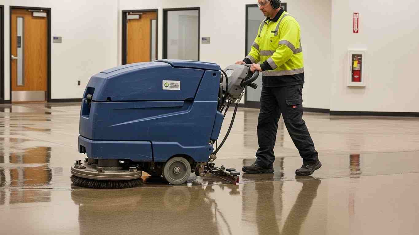 Commercial floor cleaning machine polishing laminated floors to a high-gloss finish