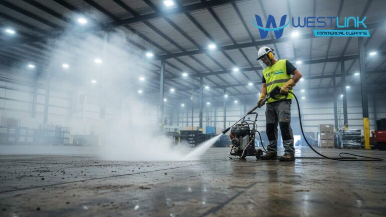 Westlink Commercial cleaning using hot water pressure washer cleaning warehouse floor with steam and mist.