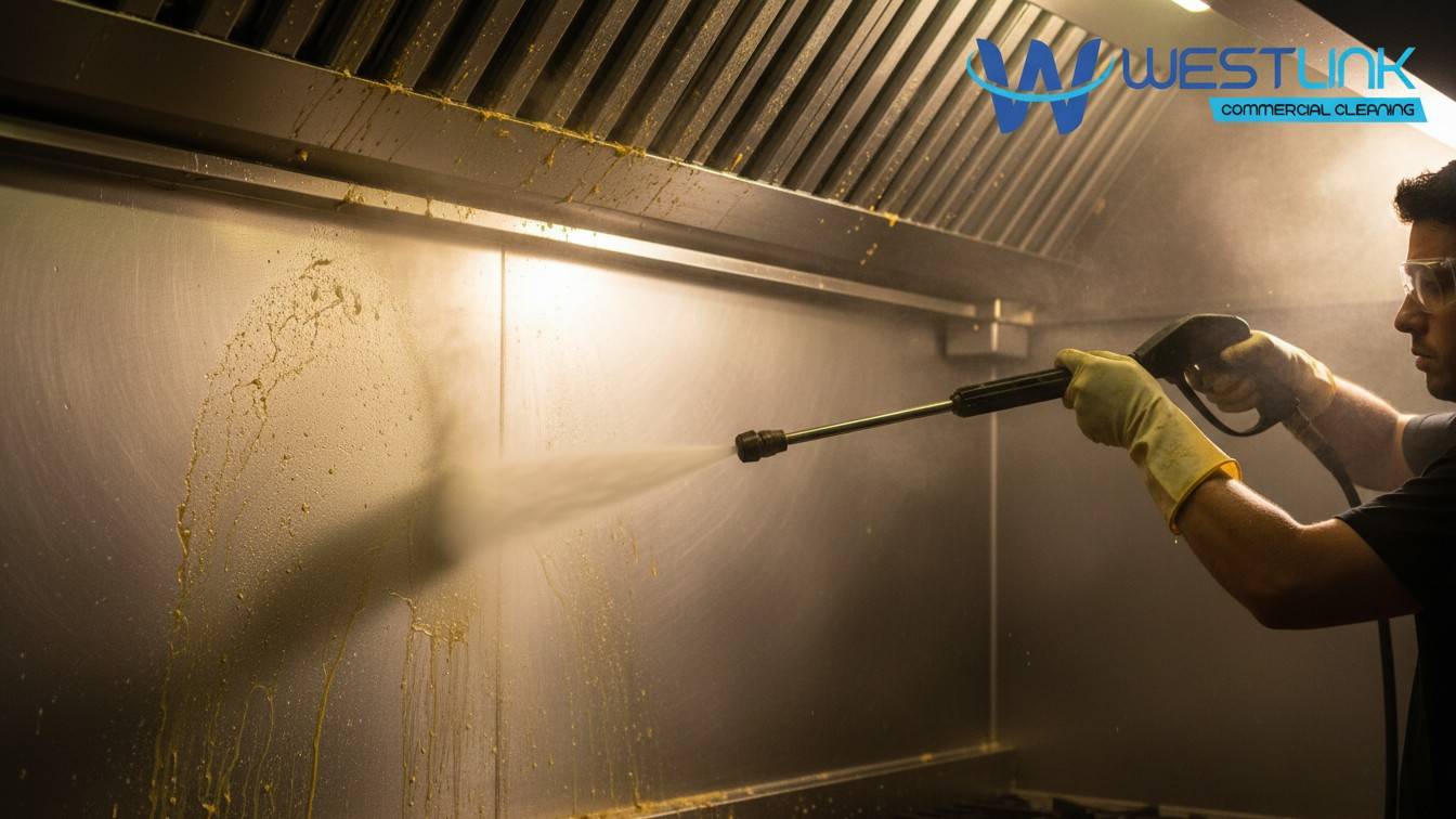Hot water pressure washer removing grease from restaurant kitchen hood.