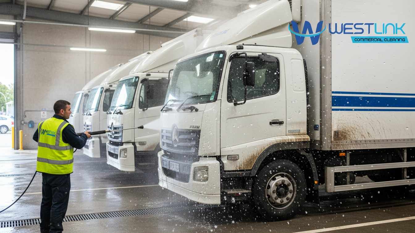 Hot water pressure washing fleet trucks in commercial bay.