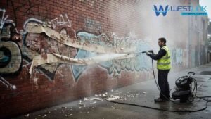 Hot water pressure washer removing graffiti from brick wall.