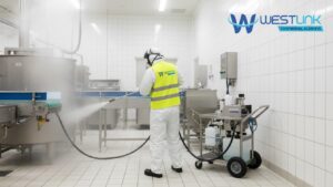 Hot water pressure cleaning in food processing plant with sanitizing steam.