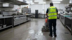 Concrete floor cleaning in commercial kitchens to remove cooking oils, grease, and food waste for hygienic conditions