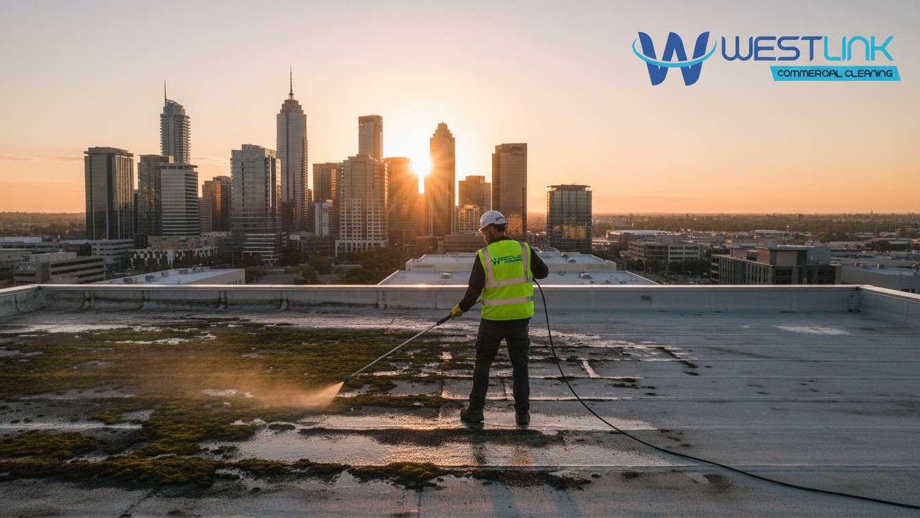 Worker performing soft wash cleaning on commercial rooftop with city skyline.