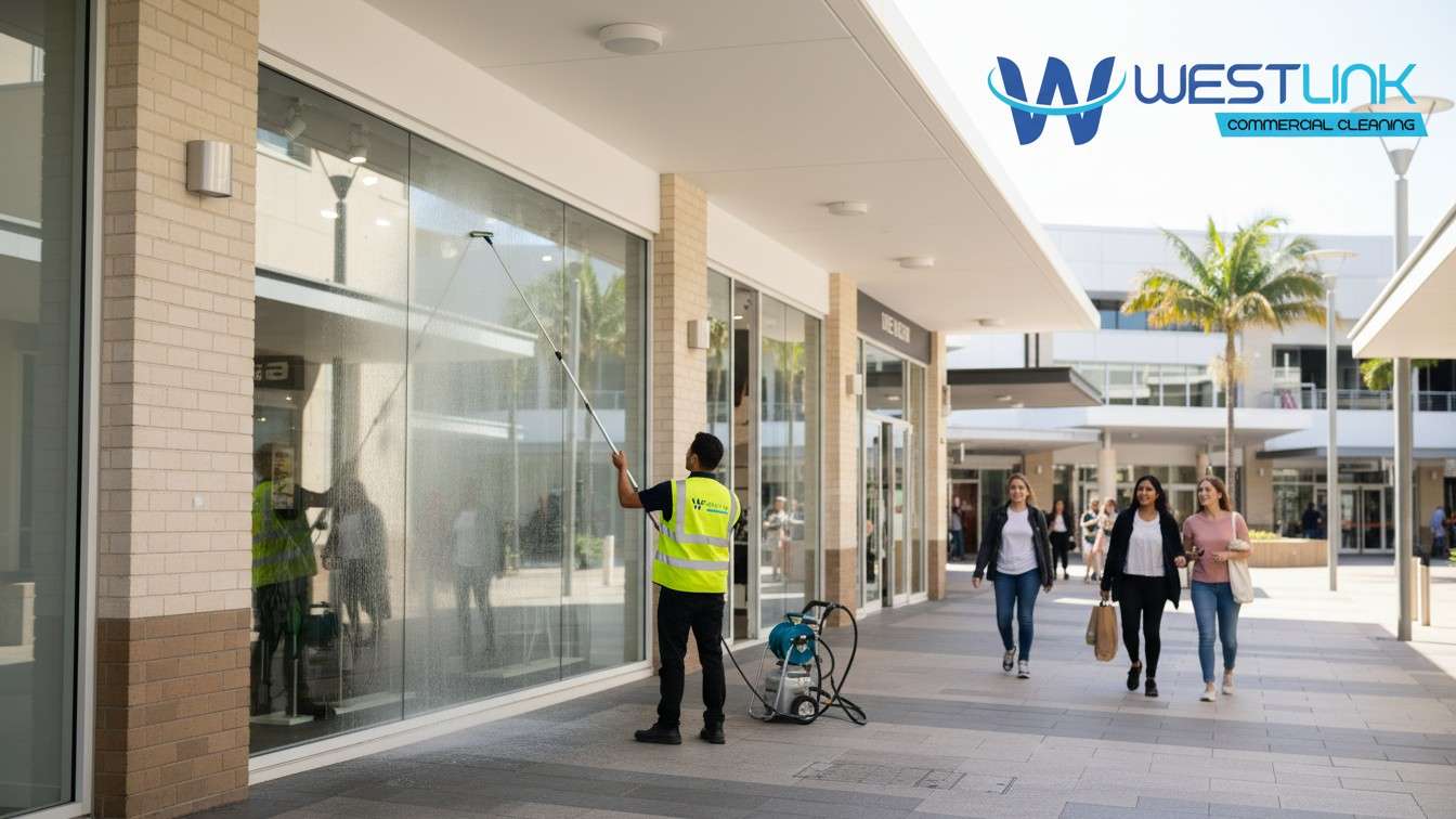 Technician soft washing a retail storefront with glass and brick