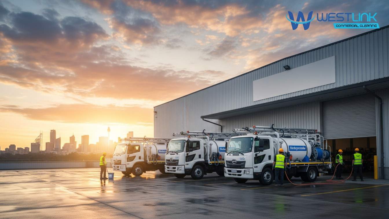 Fleet of soft wash trucks at a commercial warehouse during sunrise