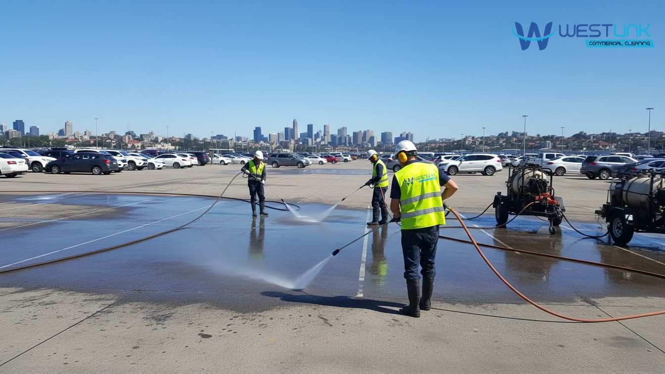 Workers pressure washing a parking lot surface, removing stains.