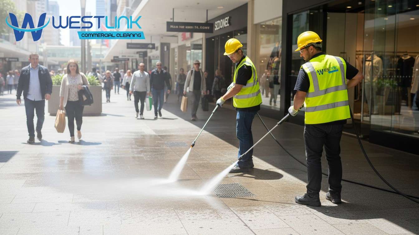 Pressure cleaning sidewalks at a shopping mall, with water jets in action