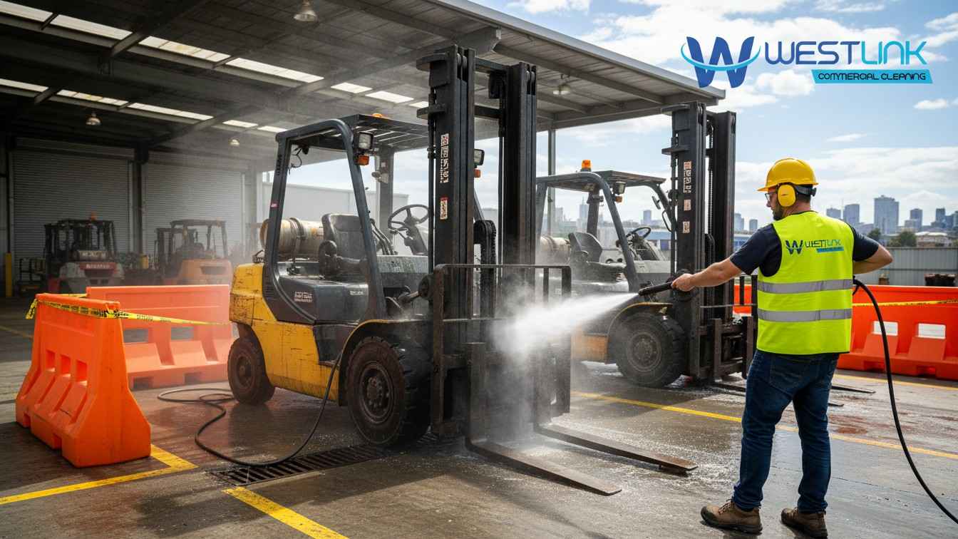 Cleaning industrial forklift with cold water pressure washer in warehouse