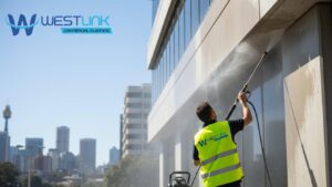 Professional using cold water pressure washer on office building walls