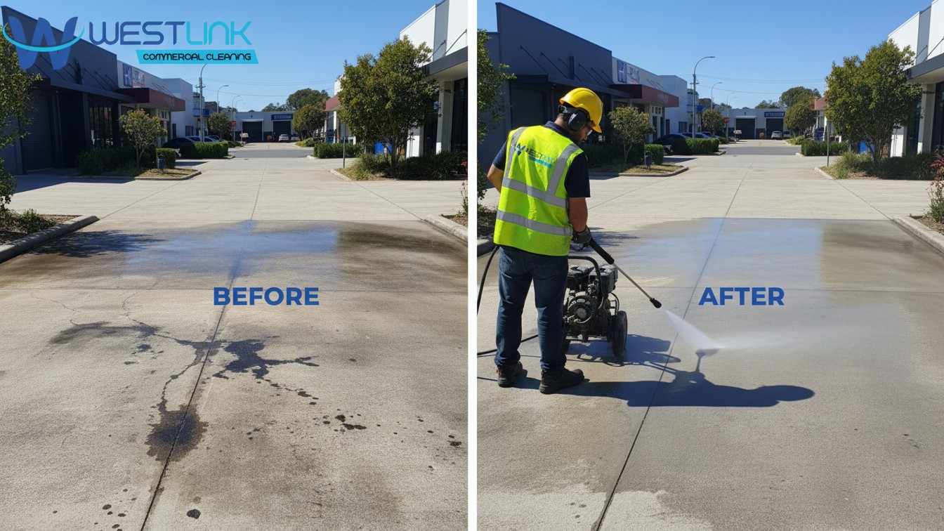 Split image showing before and after of driveway pressure cleaning by Westlink Commercial Cleaner