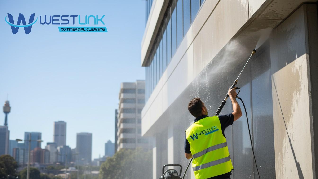Professional using cold water pressure washer on office building walls