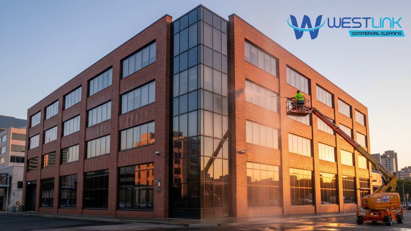 Before-and-after high-pressure cleaning of a commercial building facade