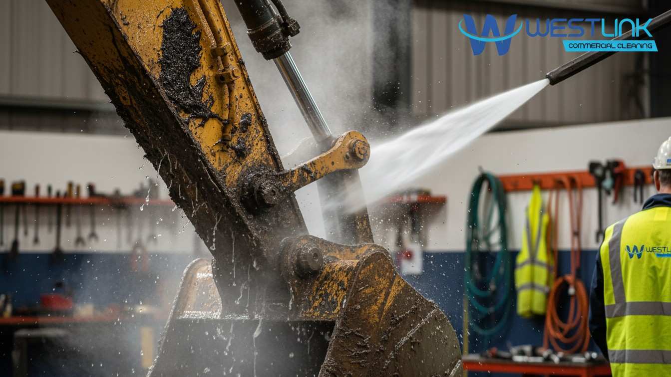 Degreasing Heavy Machinery with Hot High-Pressure Cleaning.