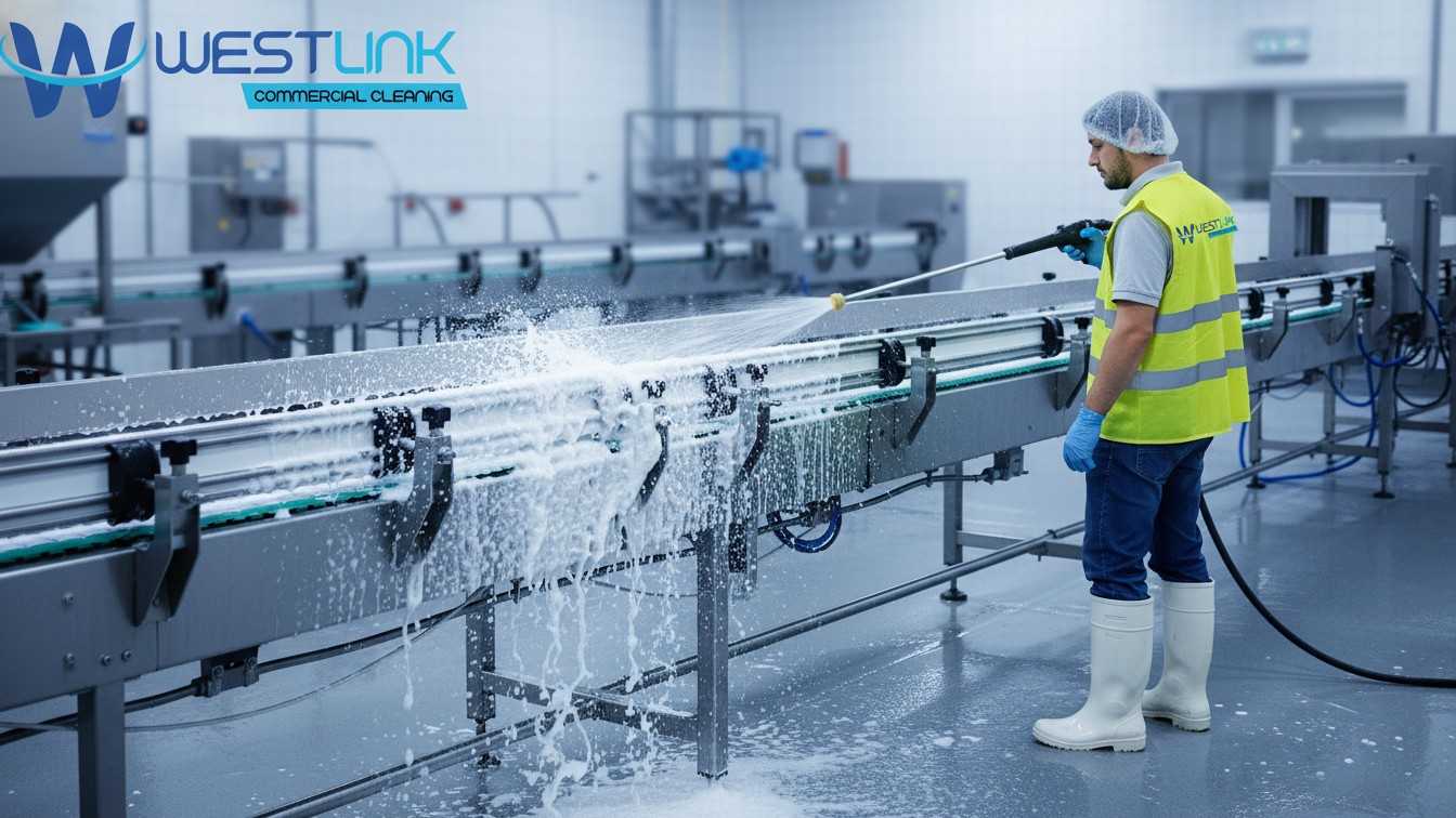 High-pressure foam and rinse cleaning food-grade conveyor