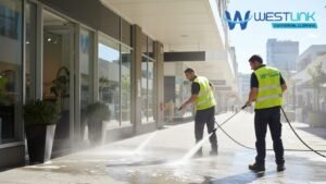 Workers pressure cleaning a retail storefront sidewalk and entrance.