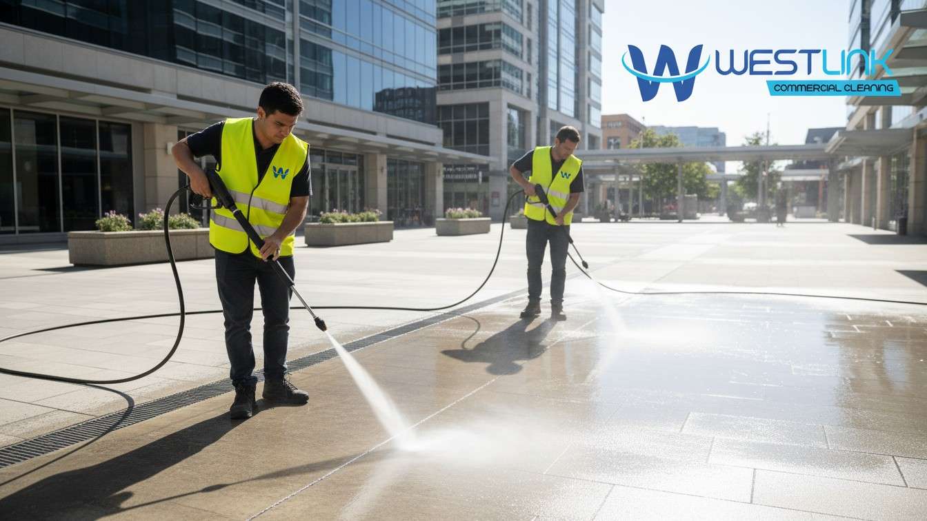 Warehouse floor being cleaned with high-pressure water by professional staff.