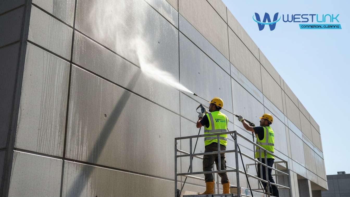 Commercial building exterior being cleaned with high-pressure water by professional cleaners