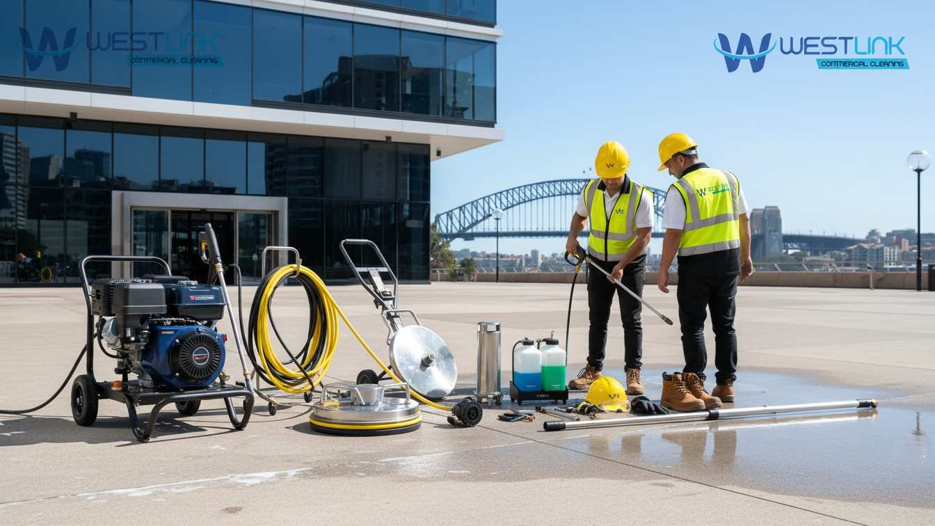 Professional equipment used in commercial pressure cleaning, including pressure washers, hoses, nozzles, and safety gear.