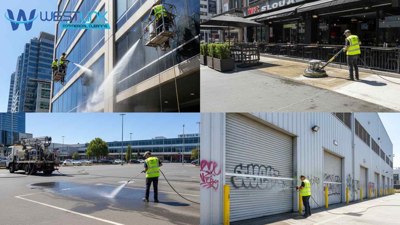 Collage of common commercial sites cleaned with pressure washing: office building, restaurant patio, parking lot, and warehouse.