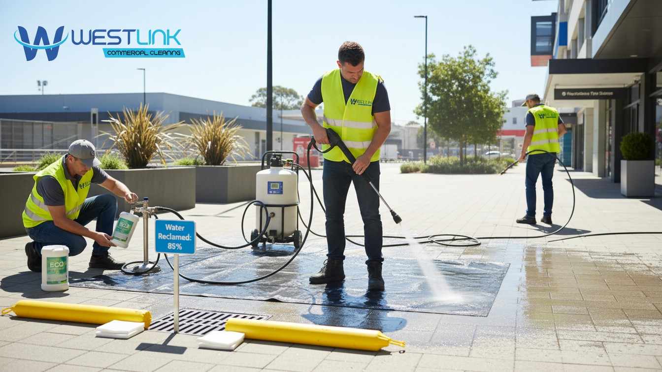 Professional demonstrating environmentally responsible pressure cleaning with water reclamation, biodegradable detergents, and drain protection.