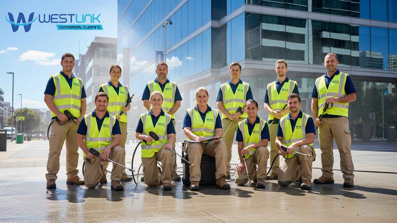 Full Westlink Commercial Cleaning team in uniform with equipment, standing proudly in front of a spotless commercial building.