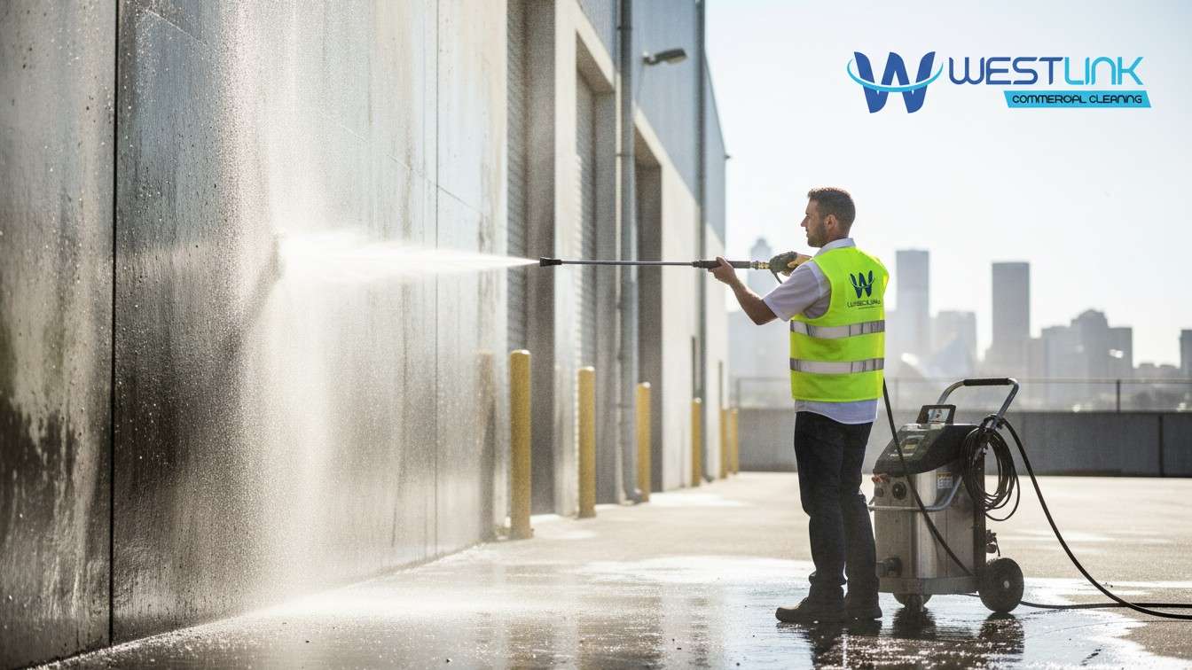 Image of a professional team performing commercial pressure cleaning on a building facade.
