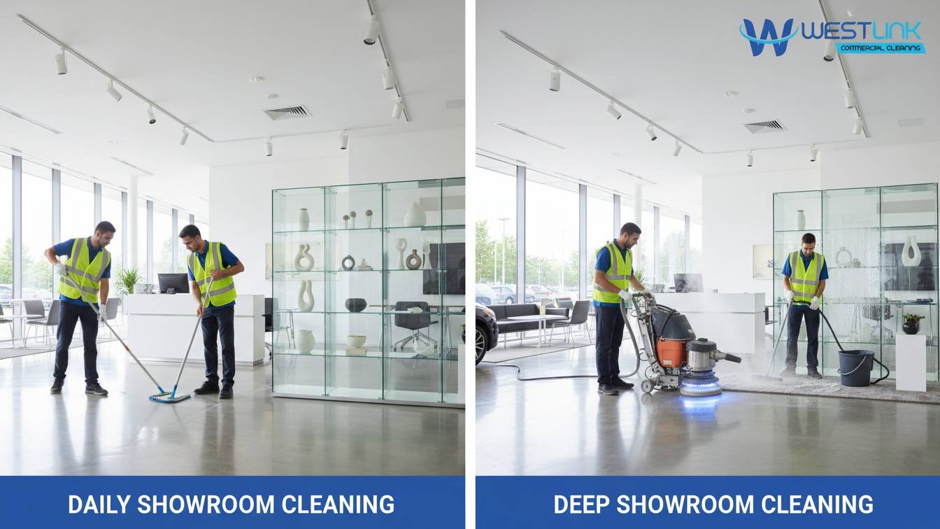 Split-screen image showing daily showroom cleaning on the left and deep showroom cleaning on the right.