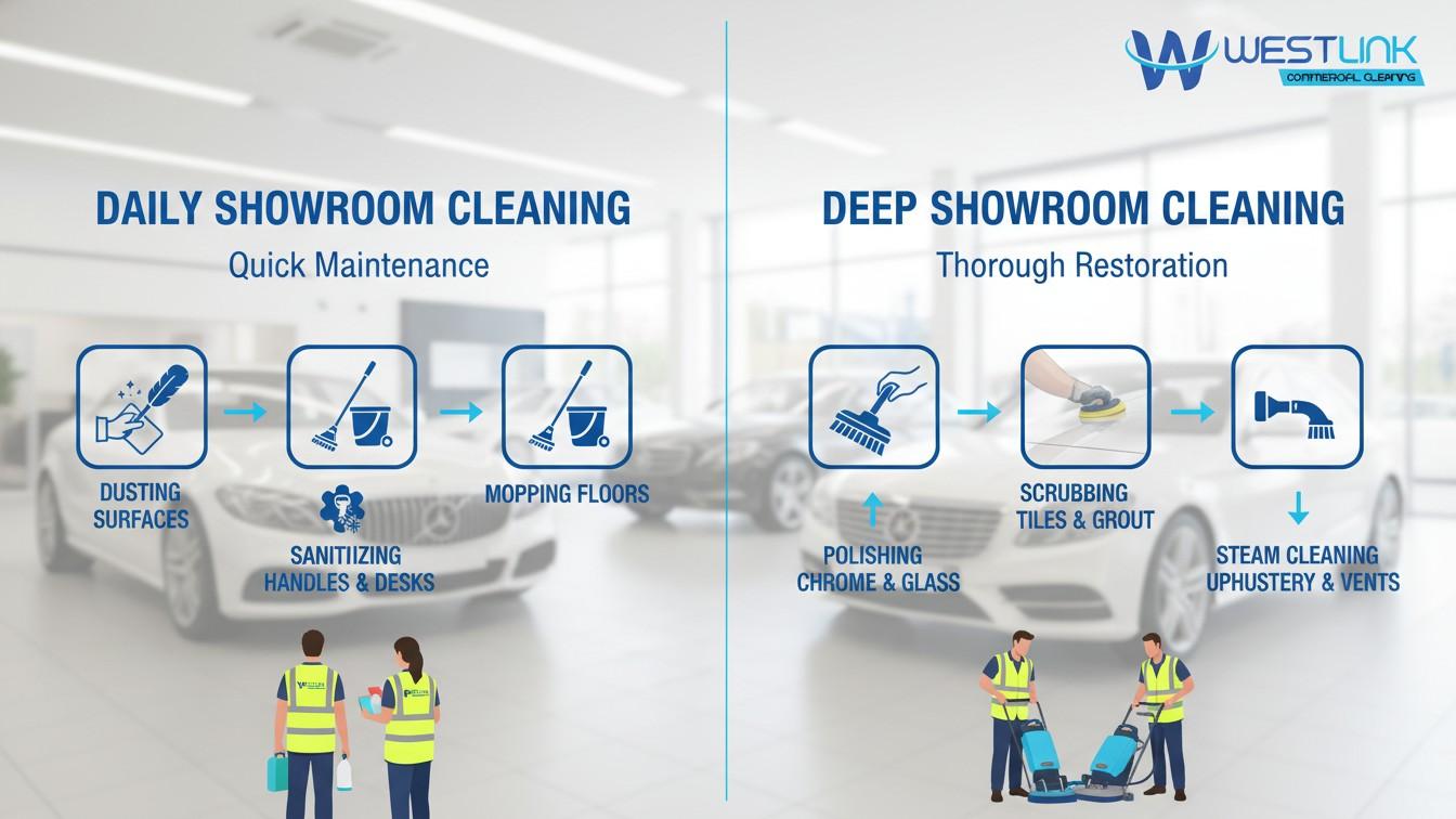 Infographic showing daily vs deep showroom cleaning tasks.