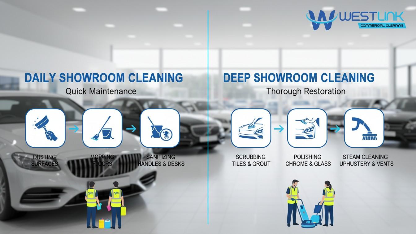 Showroom scene showing daily cleaning versus deep cleaning