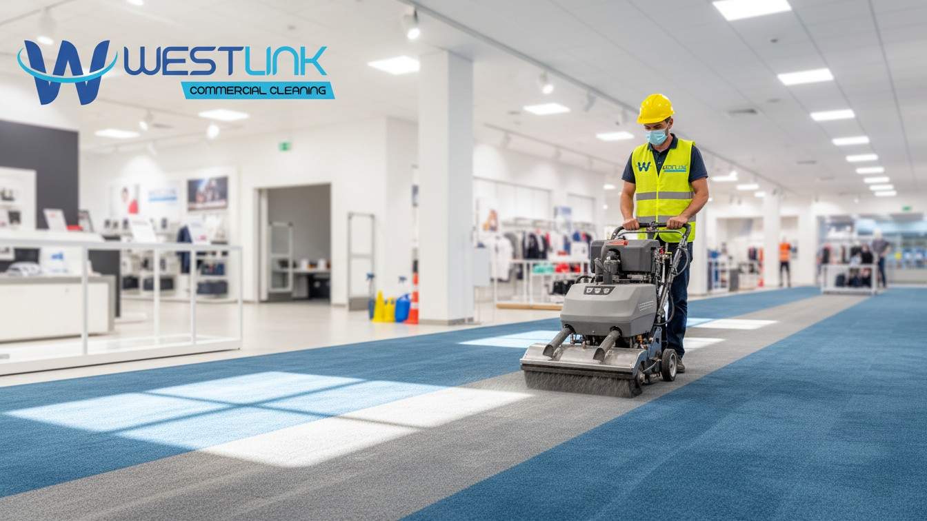 Industrial carpet shampooing machine cleaning a commercial showroom carpet.