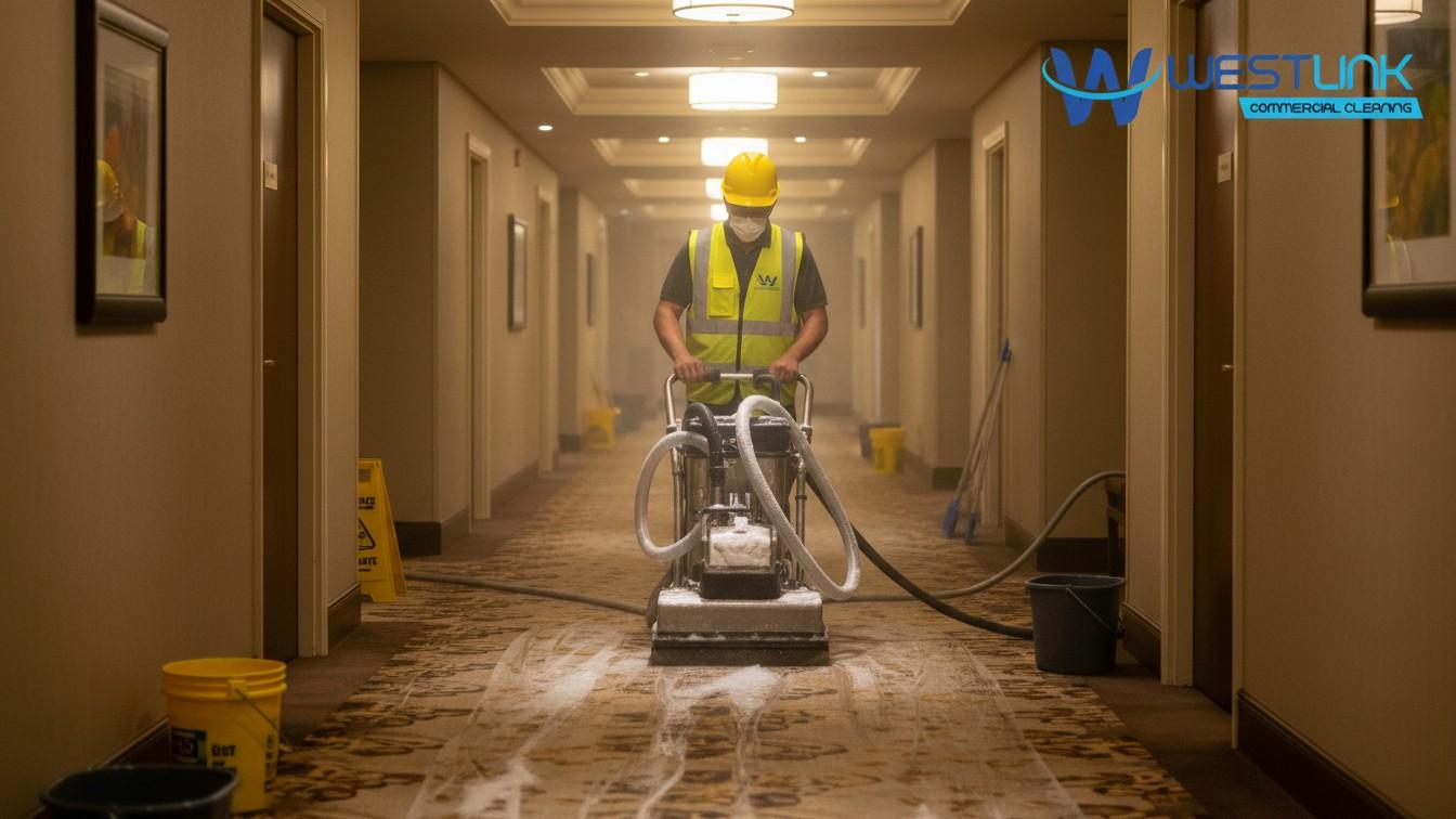 Deep carpet cleaning with hot water extraction in a hotel corridor