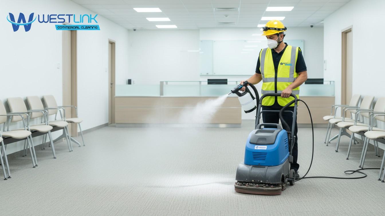Commercial carpet sanitization in a medical facility.
