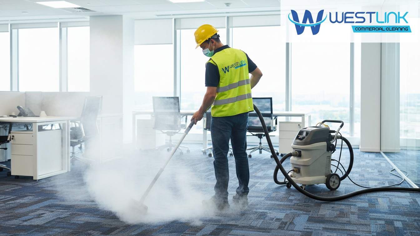 Technician performing deep steam extraction on a commercial carpet.