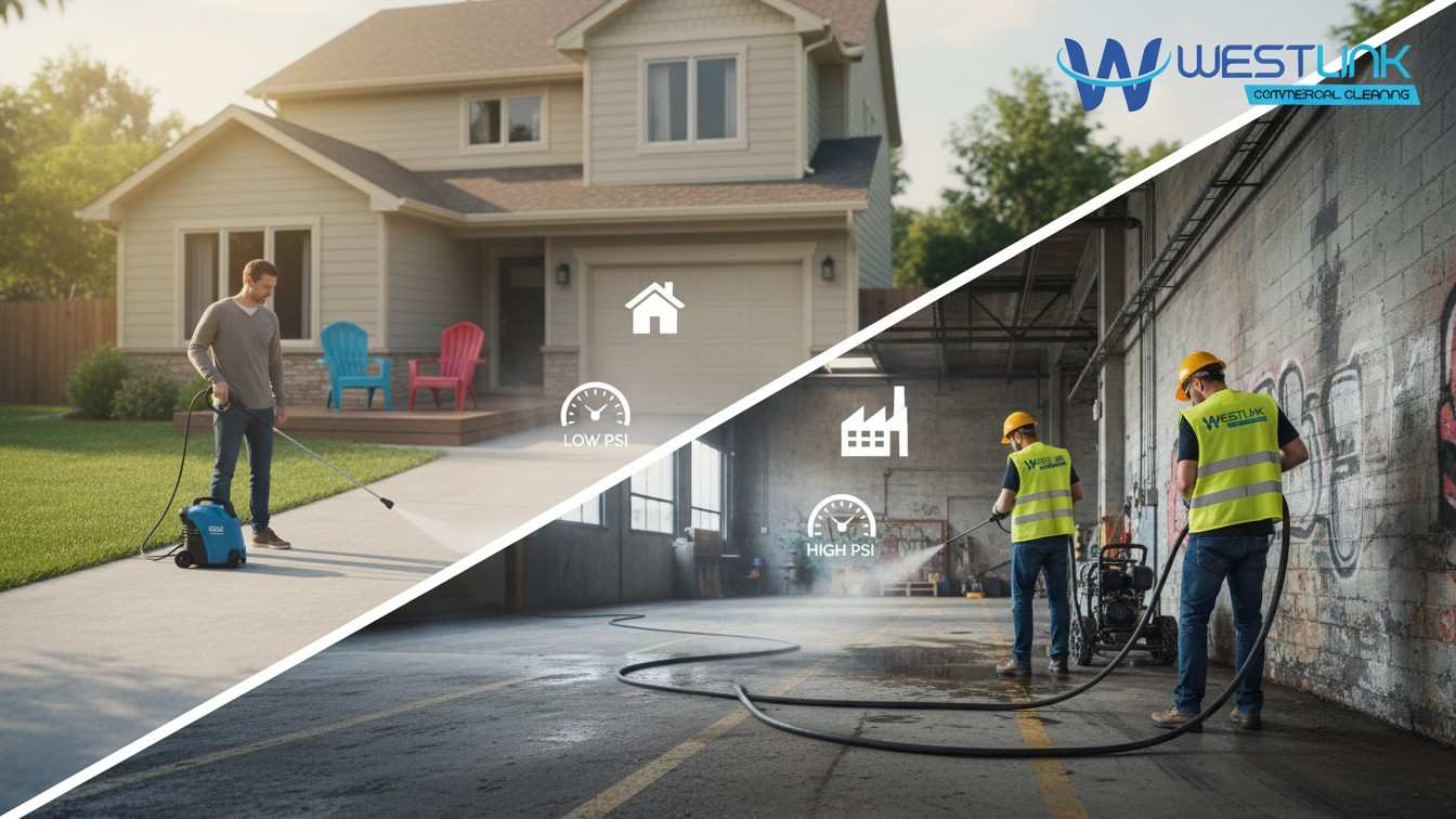 Split-scene showing residential pressure cleaning of a home driveway and patio on the left, versus commercial cleaning of a warehouse loading dock on the right, highlighting equipment and surface differences.