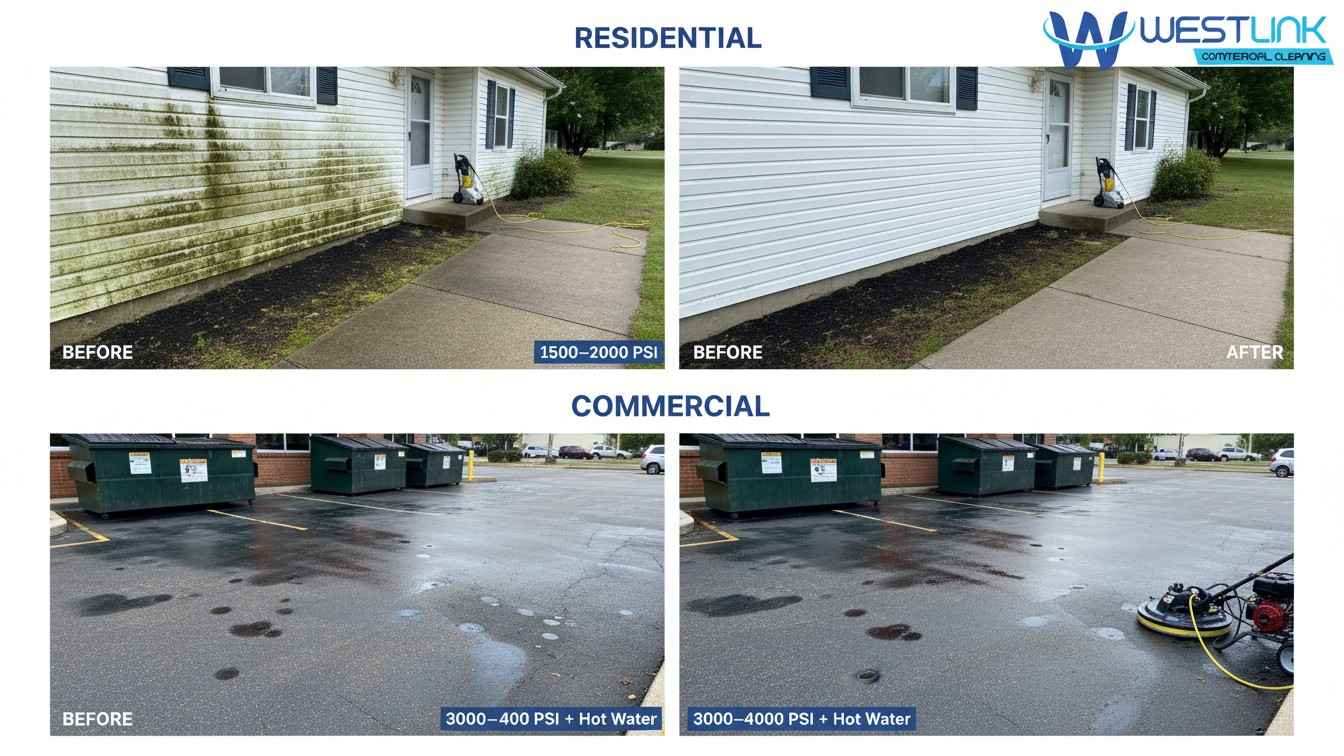 Before-and-after panels comparing residential house siding cleanup (top) with commercial parking lot restoration (bottom), showing PSI and equipment differences.