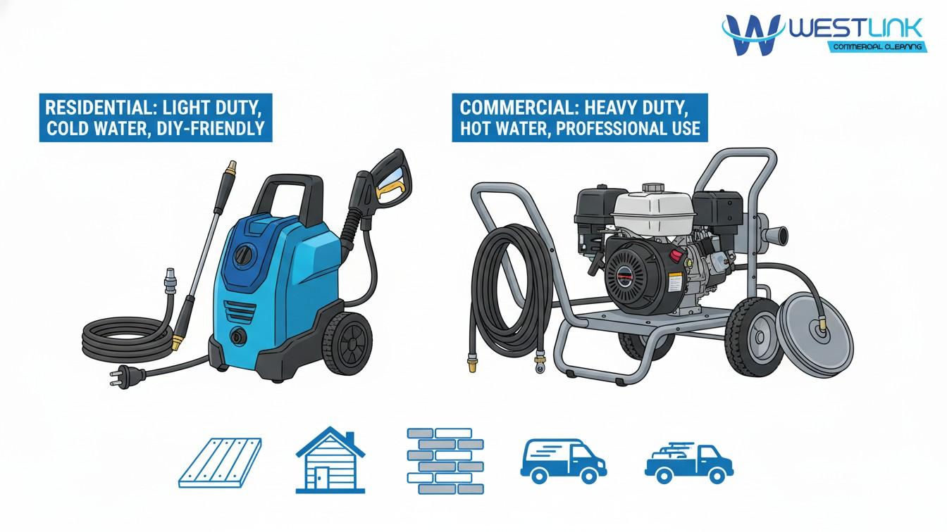 comparing a compact residential electric pressure washer (left) with a heavy-duty Commercial gas unit with hot water capability (right).