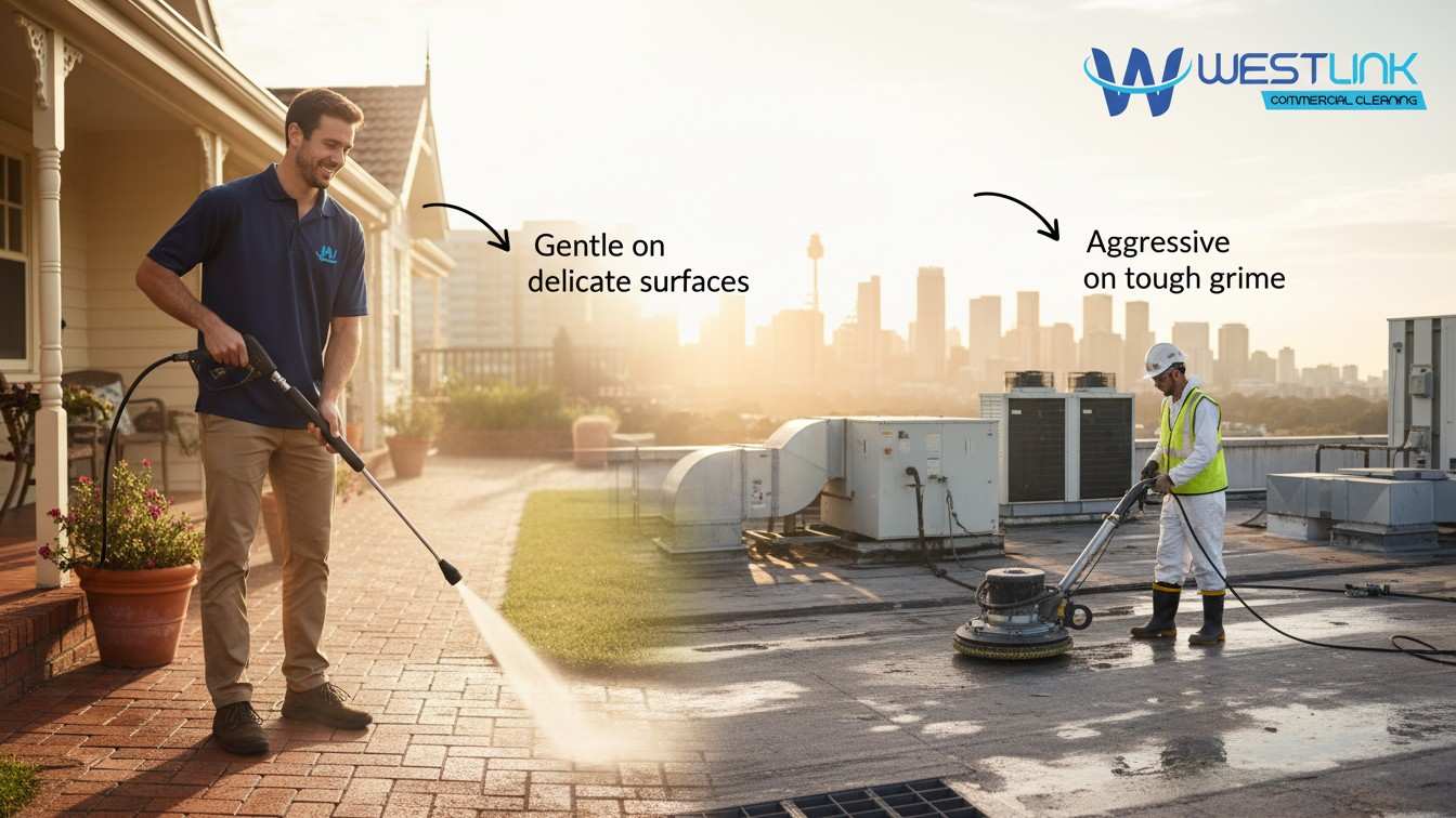Two pressure cleaning technicians at work: one gently cleaning a home walkway (left), another aggressively treating a commercial rooftop (right).