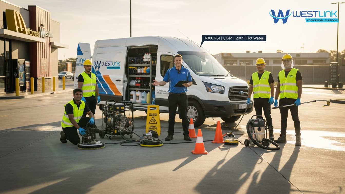 Westlink Commercial Cleaning team of 5, led by a site manager, with fully equipped branded van and professional pressure washing tools (4000 PSI hot-water unit, surface cleaner, chemical tanks) ready for a commercial job.