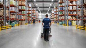 Clean and organized distribution centre with workers maintaining aisles, shelving, and loading areas to ensure a safe and efficient workspace.